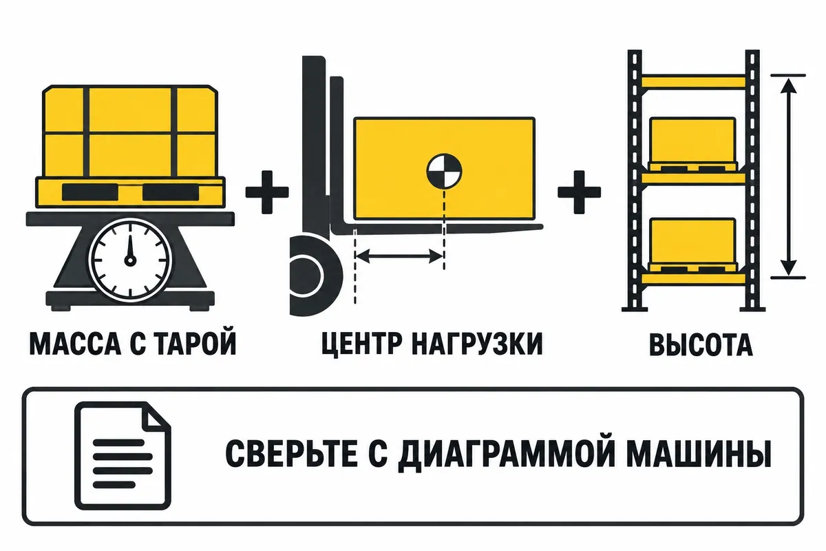 Массу с тарой, центр нагрузки и высоту сверяют с диаграммой машины