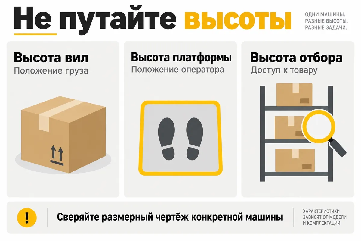 Высота вил, платформы и отбора