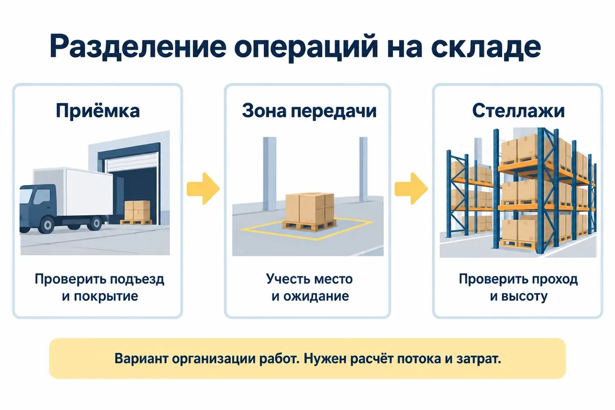Вариант разделения приёмки и стеллажной работы через зону передачи