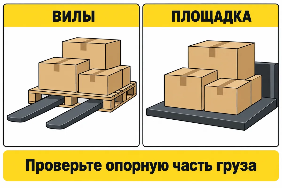 Сравнение опоры груза на вилы с паллетой и на сплошную площадку