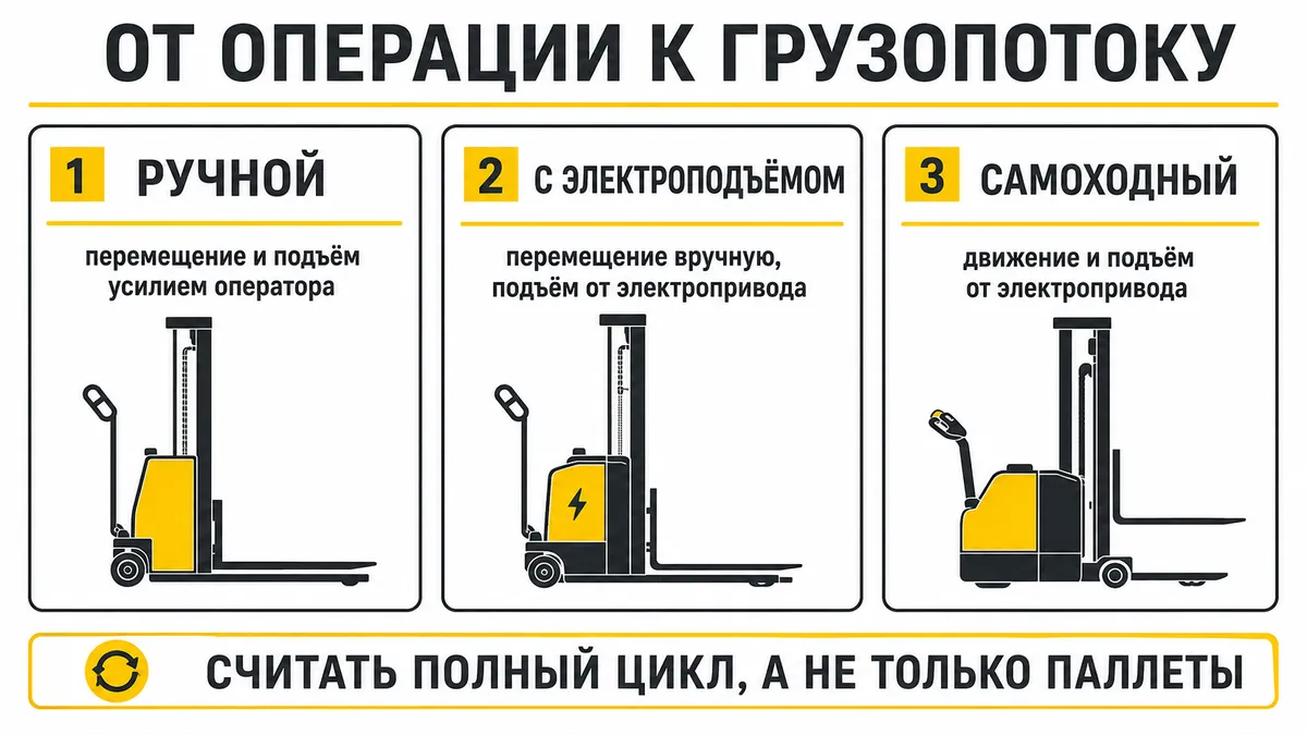 Три типа штабелера по способу движения и подъёма груза