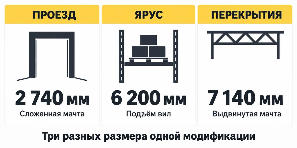 У CQD20-D на 6200 мм различаются сложенная высота 2740 мм, подъём 6200 мм и выдвинутая высота 7140 мм