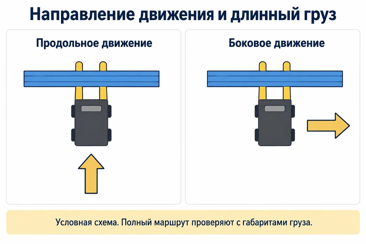 Условное сравнение продольного и бокового движения с длинным грузом