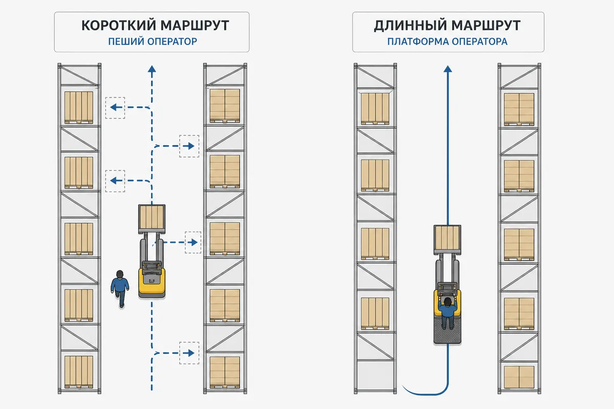 Схема короткого маршрута с пешим оператором и длинного маршрута с платформой