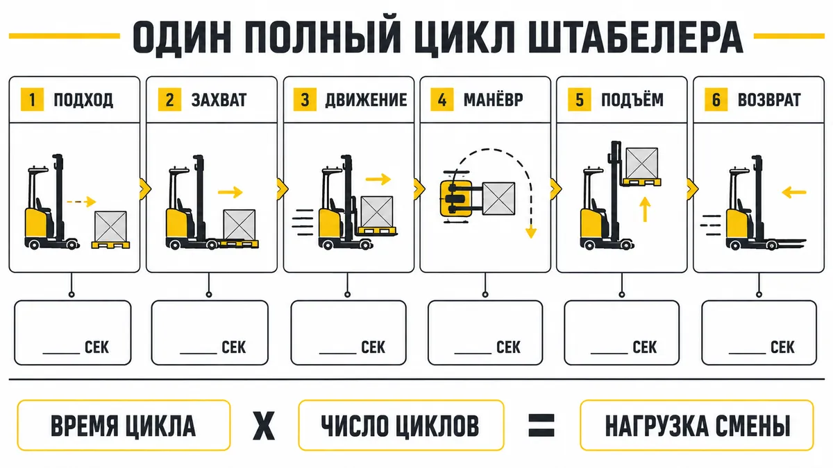 Шесть этапов полного цикла штабелера с полями для замера времени